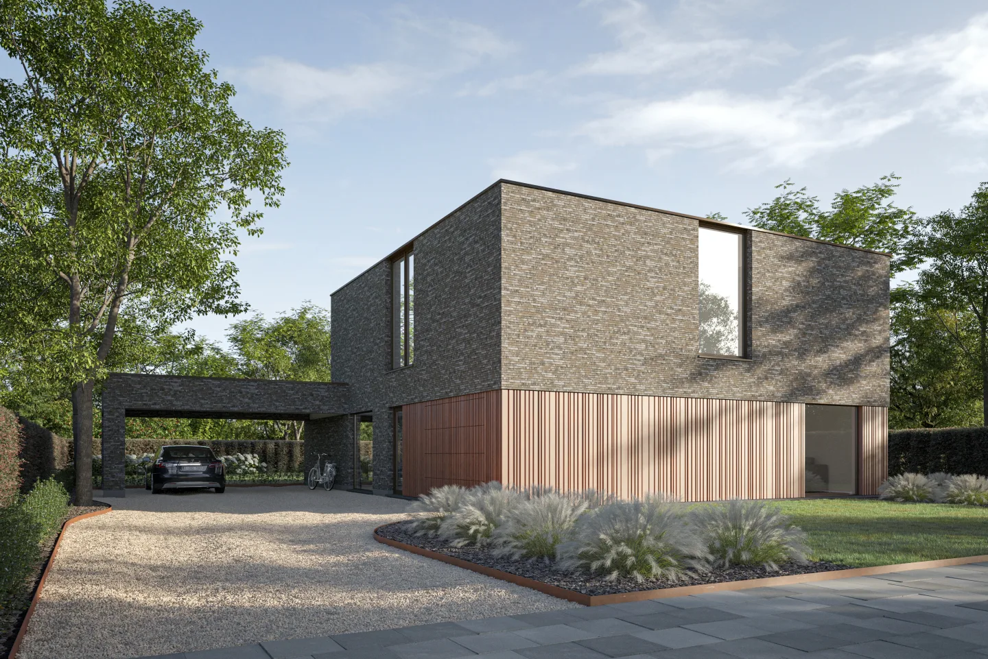 Alinel Type E aluminium gevelbekleding — moderne plankenwand look op gevel